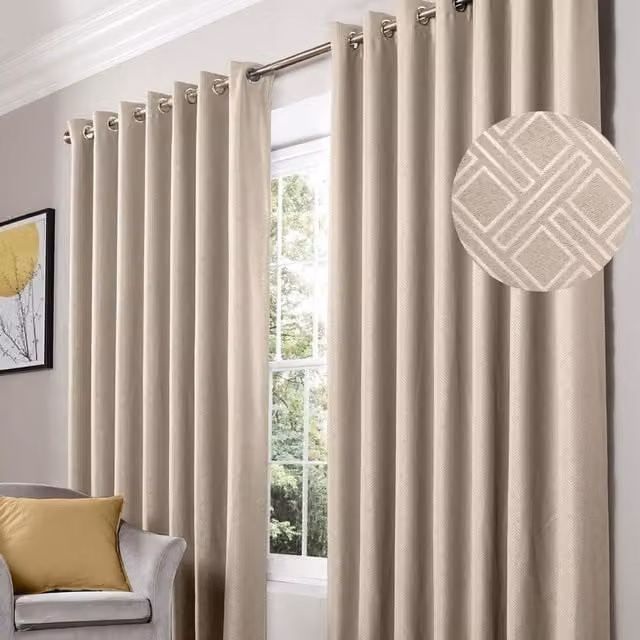 Alan Symonds Modern Graphic Blackout Eyelet Curtains in Beige and Yellow, Width: 229 cm