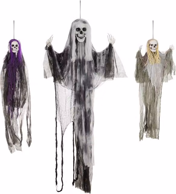 HOMCOM Set of 3 Hanging Skeleton Halloween Decorations, Scary Flying Ghosts for Garden and Party, H: 90 cm, 110 cm, 170 cm – 1