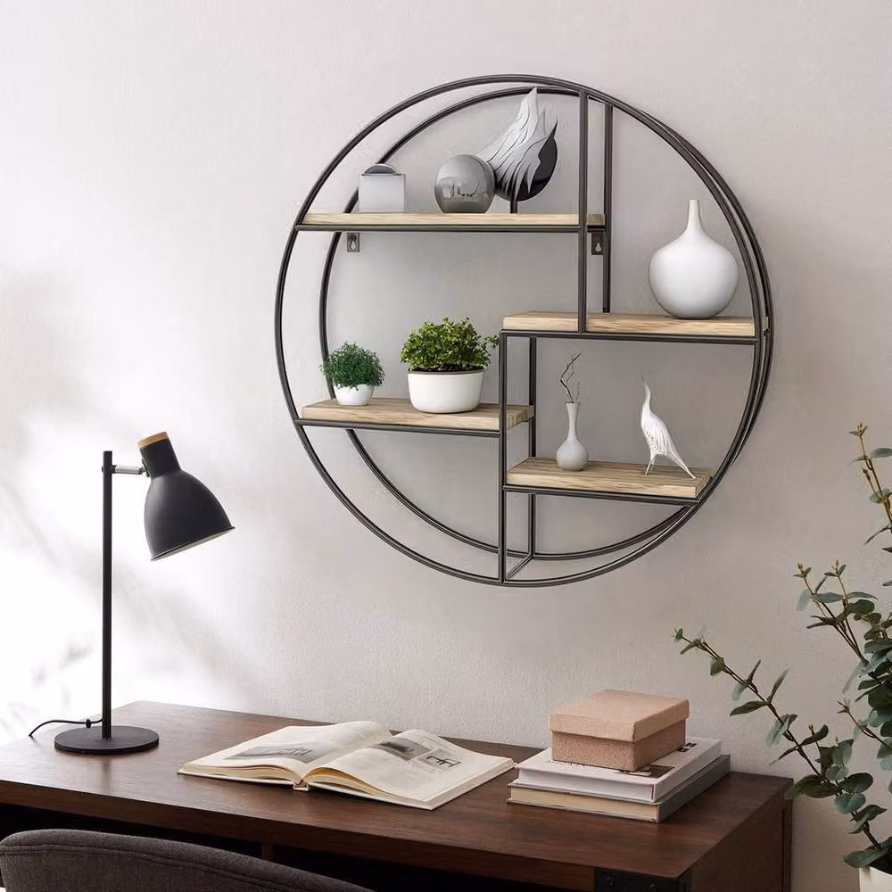 NESTLUNE Round Metal Wire Floating Wall Storage Shelf in Black – 2