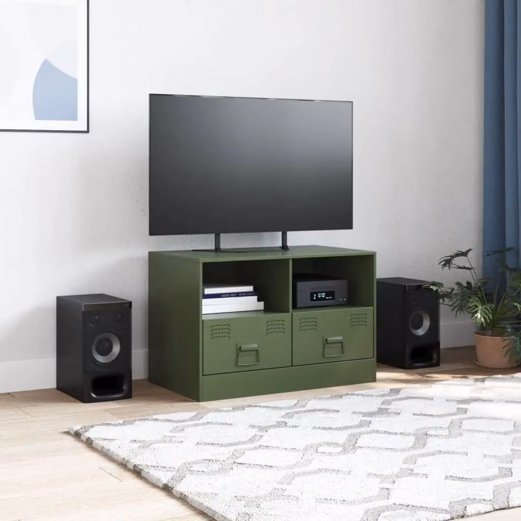 Berkfield Home Industrial Metal TV Cabinet in Matt Olive Green, W: 67 cm, D: 39 cm, H: 44 cm – 3
