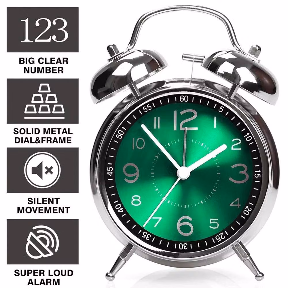 NESTLUNE Super Loud Double Bell Bedside Alarm Clock in Silver W/D/H: 100 x 100 x 16 cm – 3