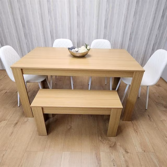 KOSY KOALA 6 Seater Modern Dining Table Set with 4 White Chairs and Bench in Brown and White