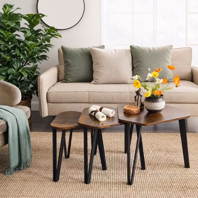 VASAGLE Nesting Coffee Table Set of 3, Industrial Brown Living Room End Tables