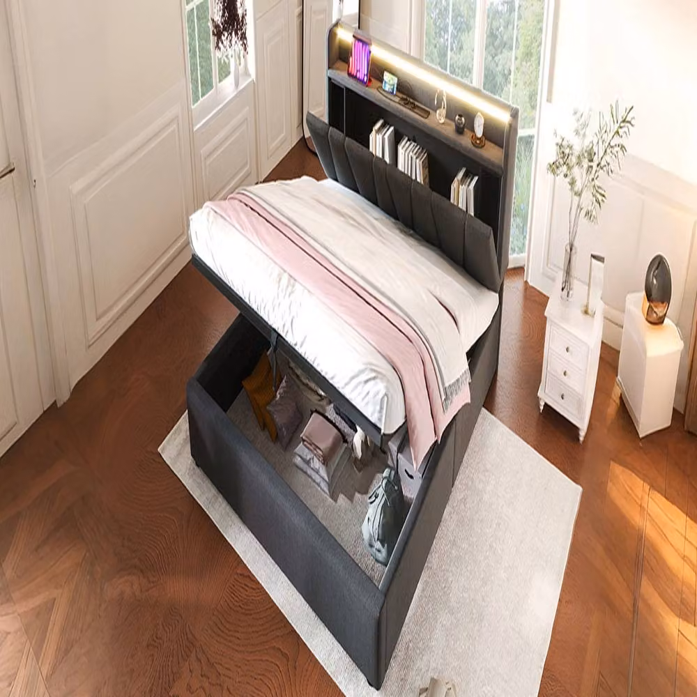 Rolipo Grey Upholstered 4ft6 Double Bed with Lift Up Storage Base, LED Underbed Lighting and USB Charging Ports, W/D/H: 140 x 200 x 137 cm – 4