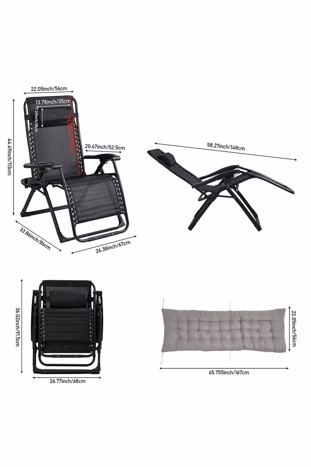 Living and Home Zero Gravity Outdoor Recliner with Seat Cushion, Headrest and Cup Holders in Grey – 3