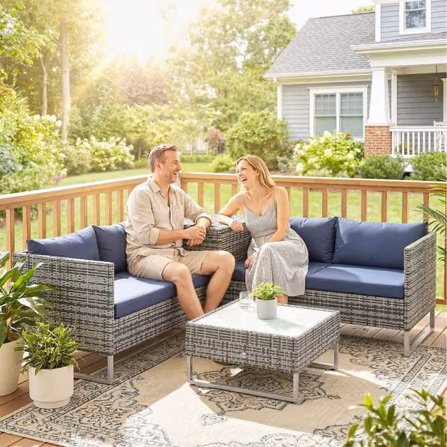 Outsunny 4 Piece Modern Rattan Wicker Sofa Loveseat Set in Blue