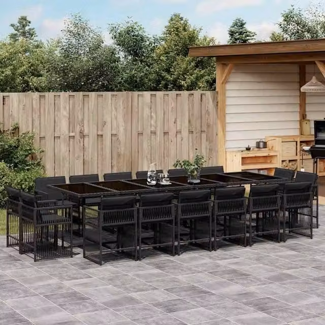 Berkfield Home 17 Piece Black Poly Rattan Garden Dining Set with Cushions