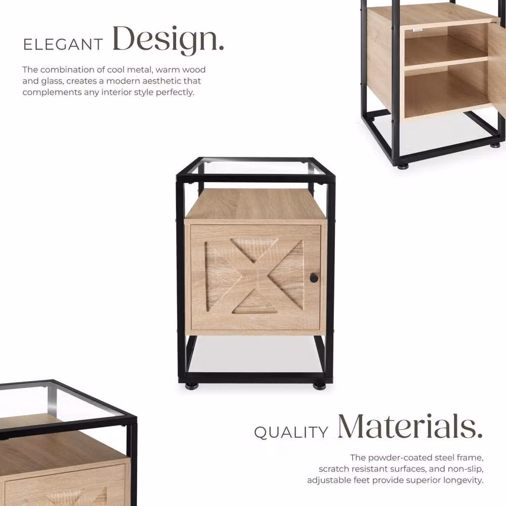 tectake Kidderminster Bedside Table with Shelf and Cupboard in Light Oak, W/D/H: 40 x 43 x 60.5 cm – 3