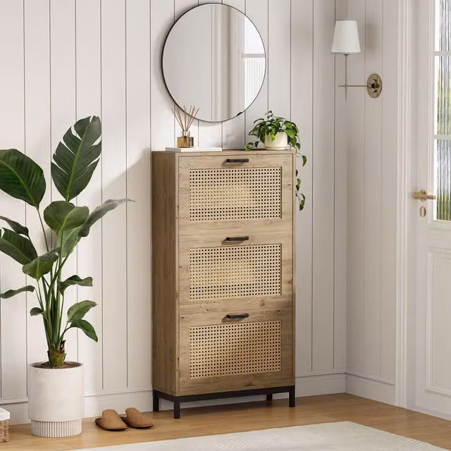 VonHaus Boho Rattan Hallway Shoe Storage Cabinet with Tilting Compartments in Sand