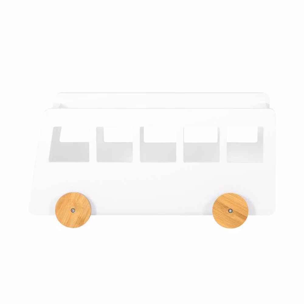 SoBuy Bus-Shaped Book Trolley in White with Bamboo Wheels and MDF Wood Construction – 2