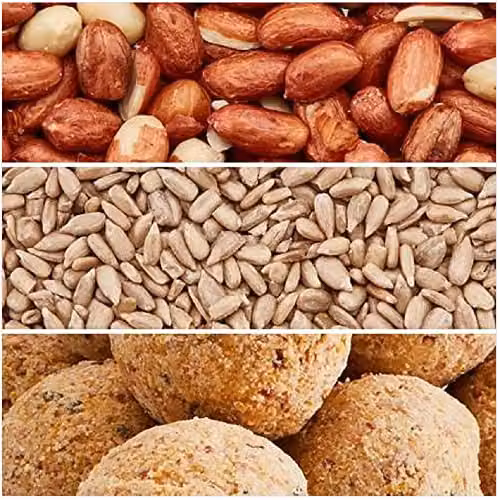 Happy Beaks Premium Wild Bird Food High Energy Feed Mix with Suet Fat Balls, Aflatoxin Tested Peanuts and Sunflower Seed Hearts, Multicolour