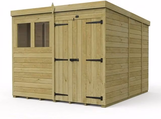 Buttercup Farm Brown Timber Pent Garden Shed with Double Doors and Windows, W: 244 cm, D: 274 cm, H: 210 cm