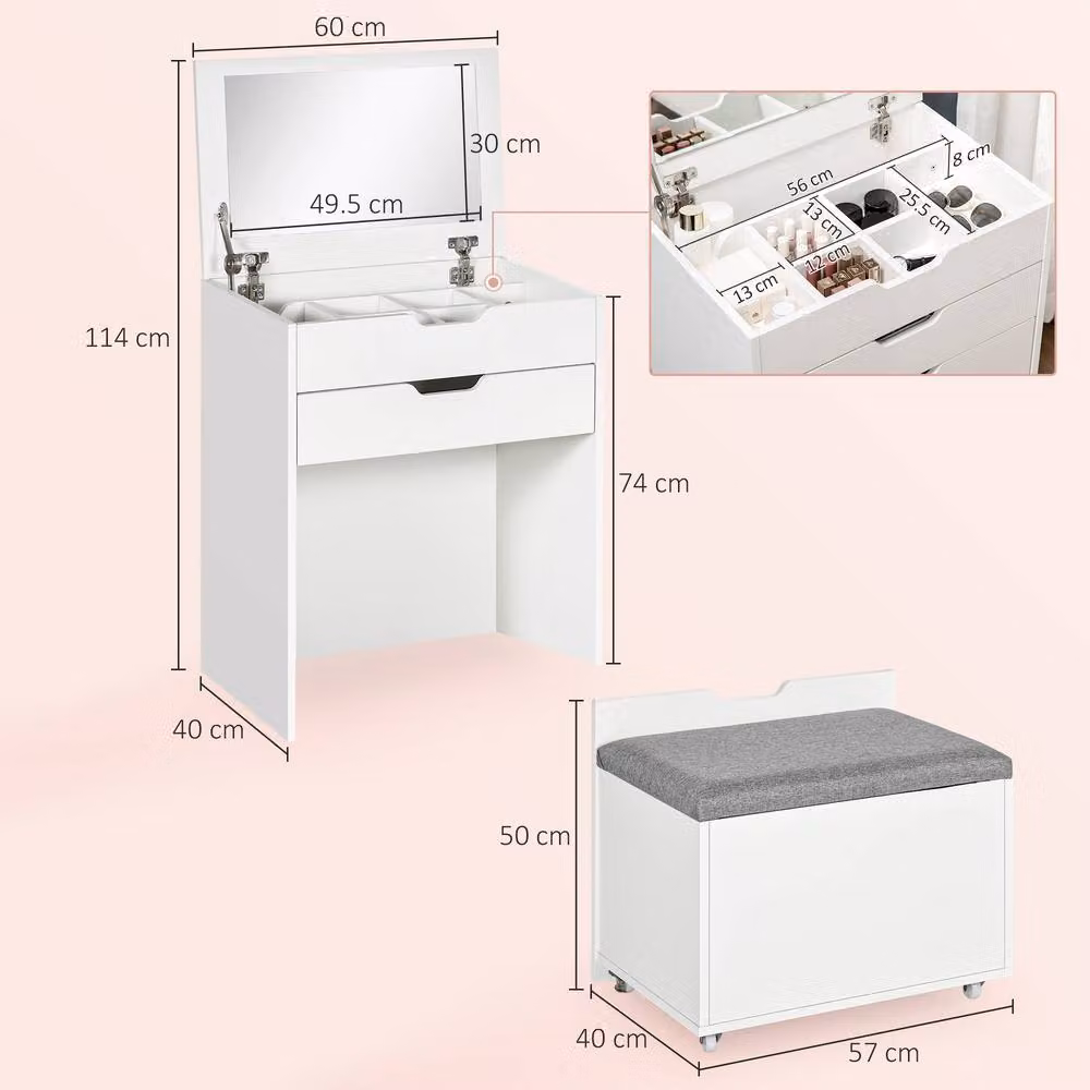 STILVORA Dressing Table Set with Flip-Top Mirror and Storage Stool in White – 2