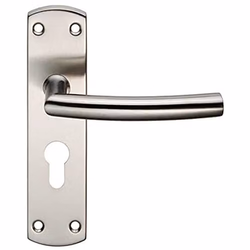 Loops Curved Bar Lever Door Handle on Euro Lock Backplate in Brushed Silver Stainless Steel, W: 17.2 cm, H: 4.4 cm