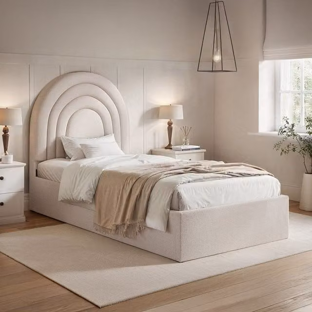Flair Ava Ottoman Bed Single in Cream Bouclé Fabric, W/D/H: 90 x 200 cm