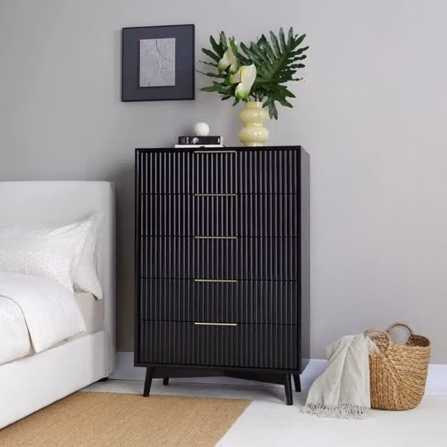 Home Garden Direct Monza Tall Chest of 5 Drawers with Fluted Detailing in Black – 1