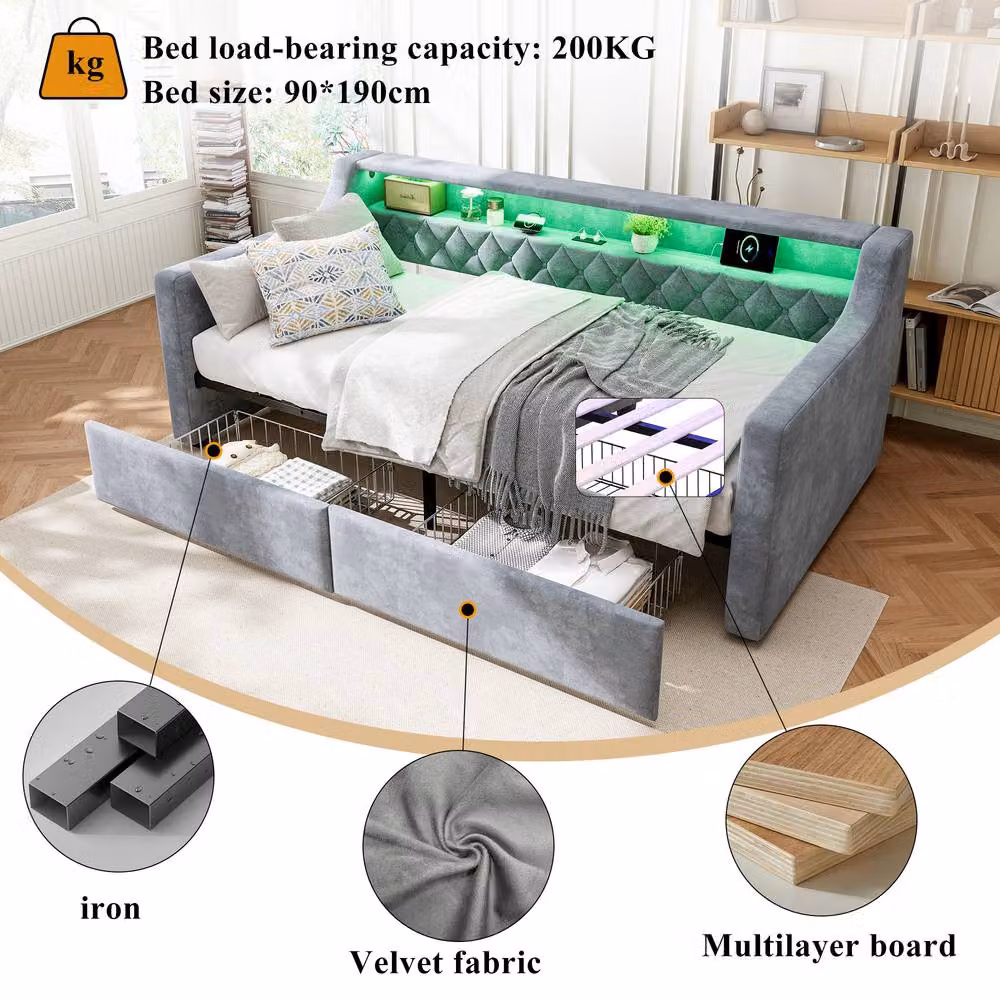 ModernLuxe Upholstered Single Daybed in Grey with LED Under-Bed Lighting, USB Charging Port and 2 Drawers, W/D/H: 90 x 190 x 39.5 cm – 4