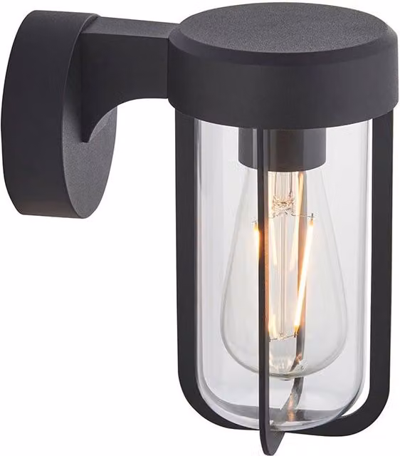 Loops Matt Black Outdoor Wall Light with Transparent Glass Shade, IP44 Rated, LED Compatible – 1