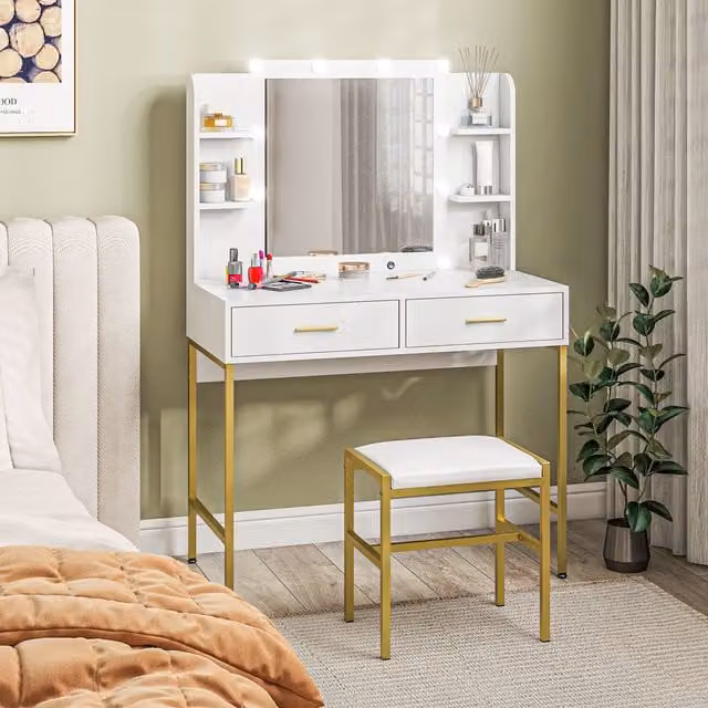 HOMCOM White Modern Glossy Dressing Table with Hollywood LED Lighted Mirror, Drawer and Stool