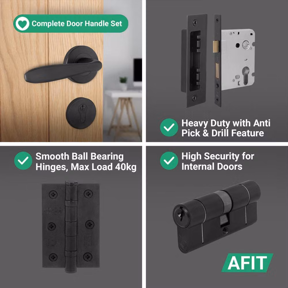 AFIT Black Euro Thumbturn Cylinder Door Handle, Lock and Hinges Set – 4