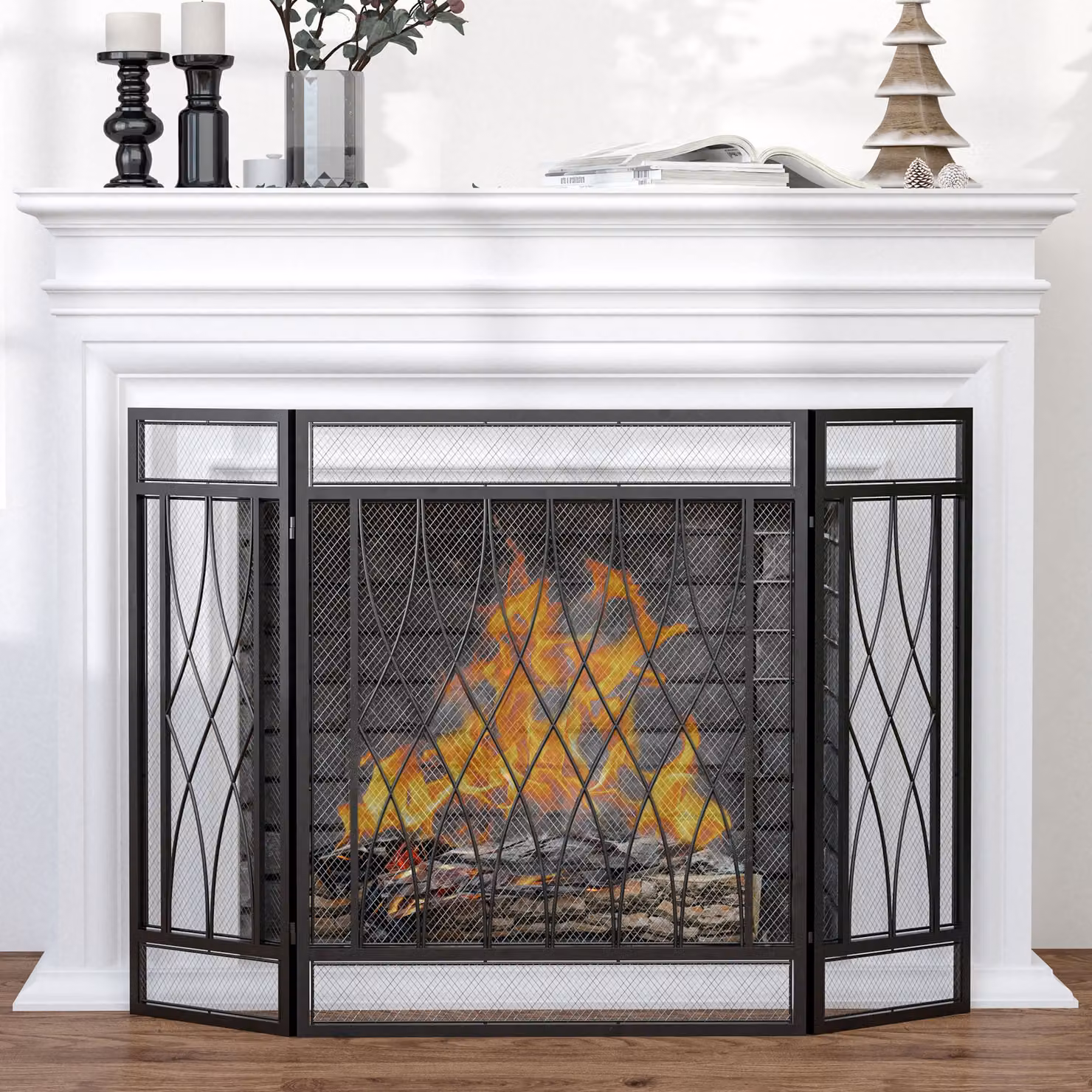 HOMCOM 3-Panel Folding Metal Mesh Fireplace Spark Guard, Black, W: 126 cm, H: 80 cm – 2
