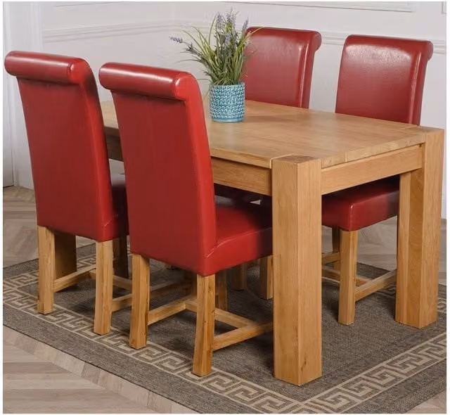 Thats Furniture Kuba Oak Dining Table and 4 Washington Red Leather Chairs, W: 150 cm, H: 85 cm