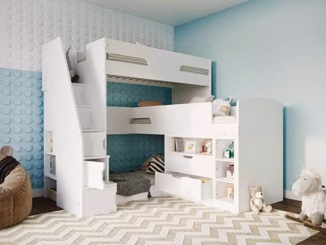 Flair Furnishings White Solid Wood Triple Bunk Bed with Staircase Storage and Drawers, H 210 cm x W 90 cm x D 205.8 cm – 1