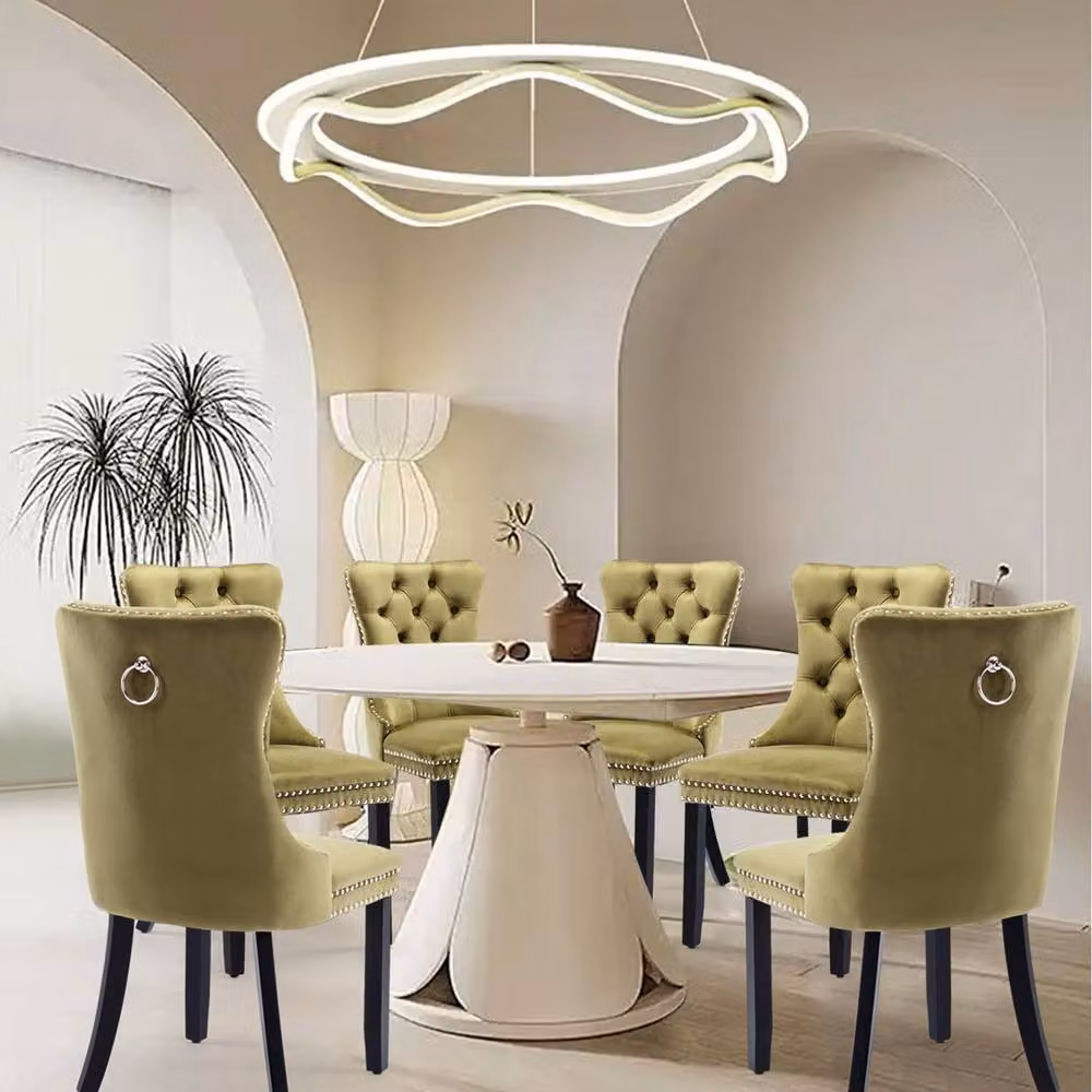 HomeTouch Romsey Set of 6 Green Velvet Upholstered Dining Chairs with Oak Legs and Knocker Ring Back – 2