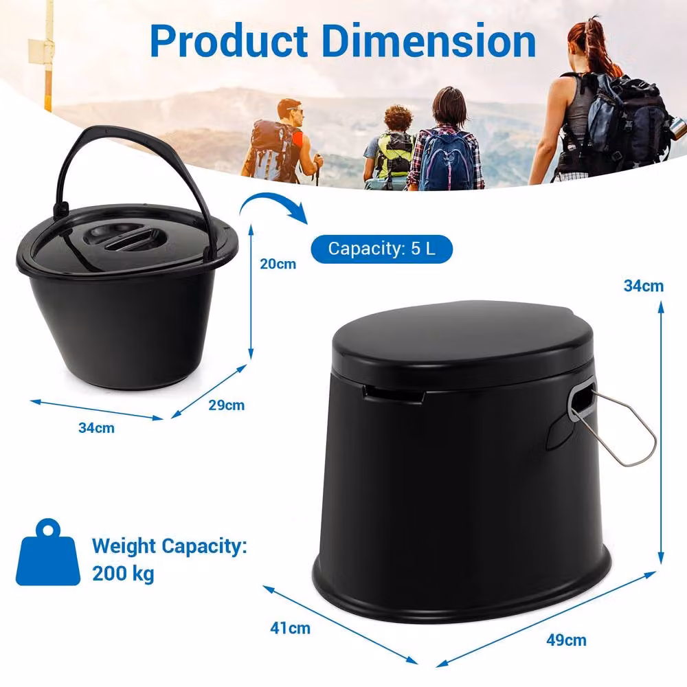Costway Portable Travel Camping Toilet with Detachable Inner Bucket, Black, H 49 cm x W 41 cm x D 34 cm – 2