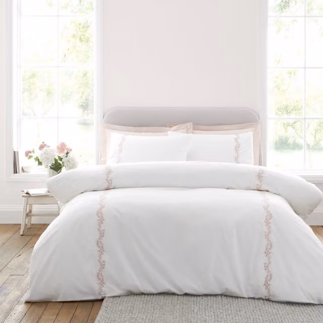 Bianca Camille Embroidered Floral 200 Thread Count Cotton Percale Duvet Cover Set, White and Pink, W: 140 cm, H: 200 cm