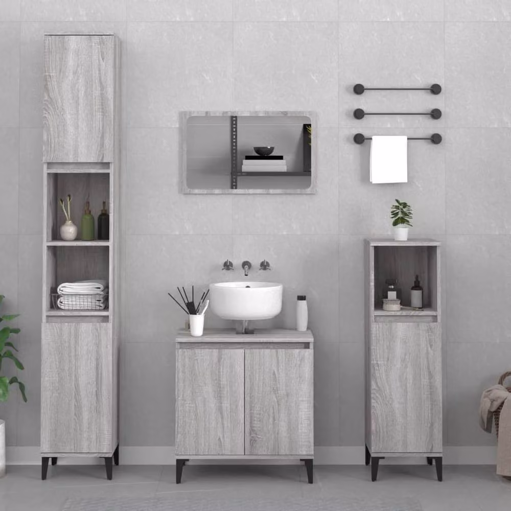 Berkfield Home Modern 3 Piece Grey Bathroom Furniture Set with Vanity Unit, Tall Cabinet and Side Cabinet – 2