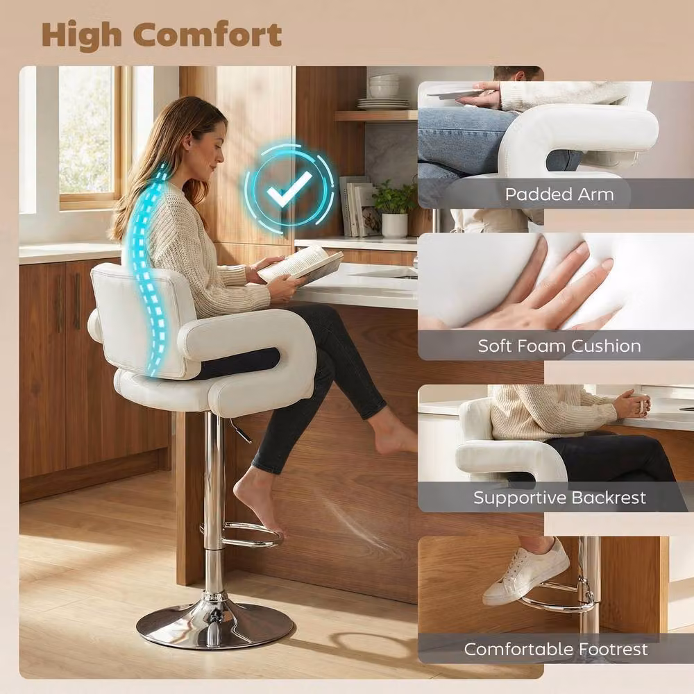 STILVORA Set of 2 White Swivel Bar Stools with Armrests and Synthetic Leather Upholstery – 3