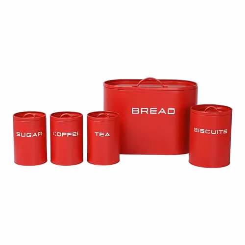 Simpa 5-Piece Matte Red Metal Kitchen Storage Set Including Bread Bin, Biscuit Tin and Canisters – 5