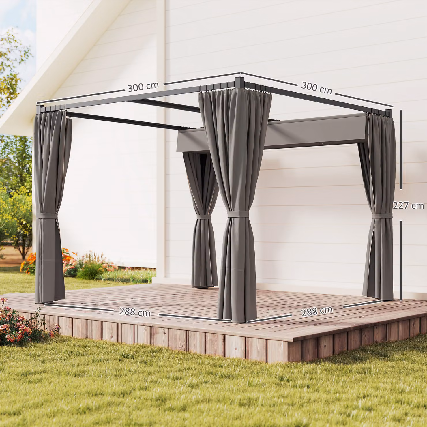 Outsunny Retractable Pergola Garden Gazebo Shelter with Curtains, Light Grey, W: 300 cm, D: 300 cm, H: 227 cm – 3