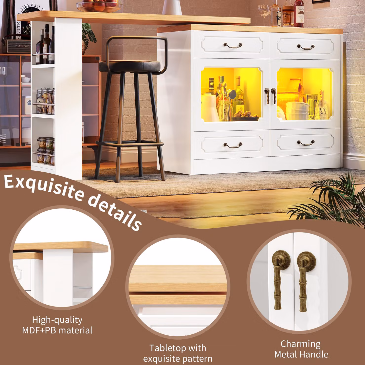 Aosom UK 360 Degree Rotating Extendable Kitchen Island Bar Table with App-Controlled LED Lights, Music Sync and 4 Drawers, White, W: 135 cm, D: 39 cm, H: 93 cm – 3