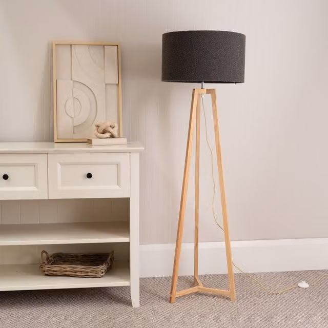 ValueLights Lottie Natural Wood Floor Lamp with Fabric Shade in Grey