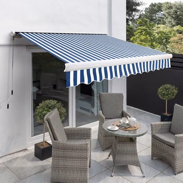 Primrose Full Cassette Manual Awning in Blue and White Stripe, Width: 450 cm