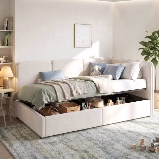 Matteo Single Upholstered Velvet Ottoman Daybed with Asymmetric Chaise and Lift Up Base, Beige, 90 x 200 cm