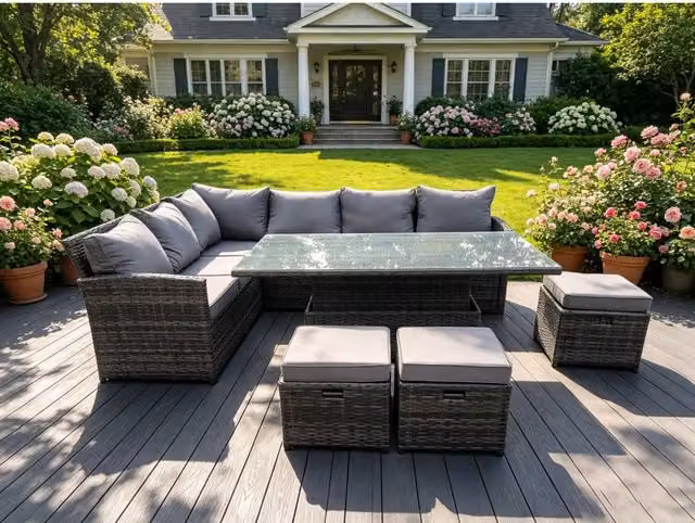 Fimous 9 Seater Rattan Corner Sofa Set with Height Adjustable Rising Dining Table and 3 Footstools in Dark Grey – 2