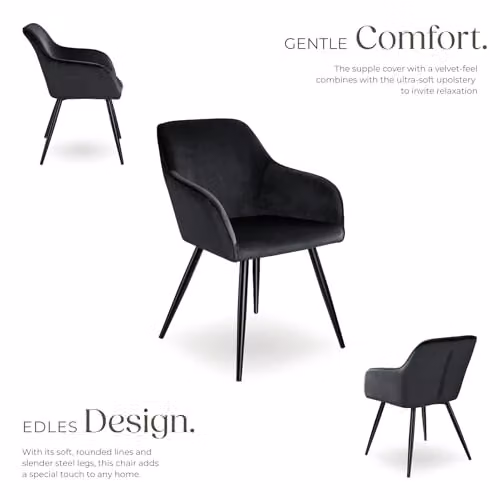 tectake Set of 8 Marilyn Dining Chairs in Black Velvet with Armrests and Metal Legs – 5