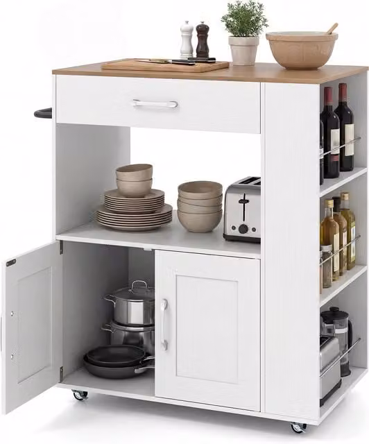 Costway Modern Rolling Kitchen Island in White and Natural Wood