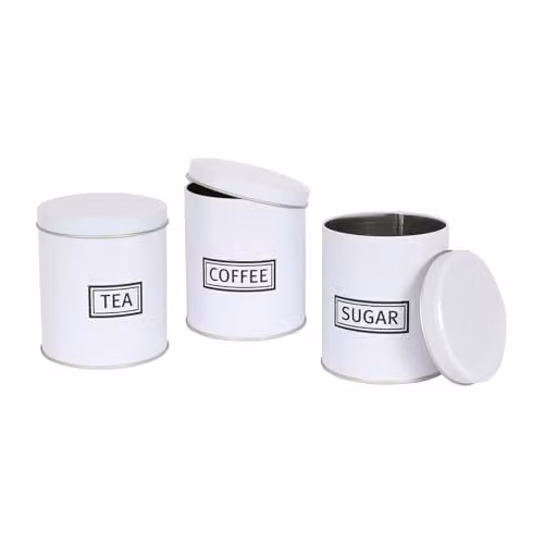 Harbour Housewares 3pc Tea Coffee Sugar Canister Set, White Metal Airtight Kitchen Storage Tins