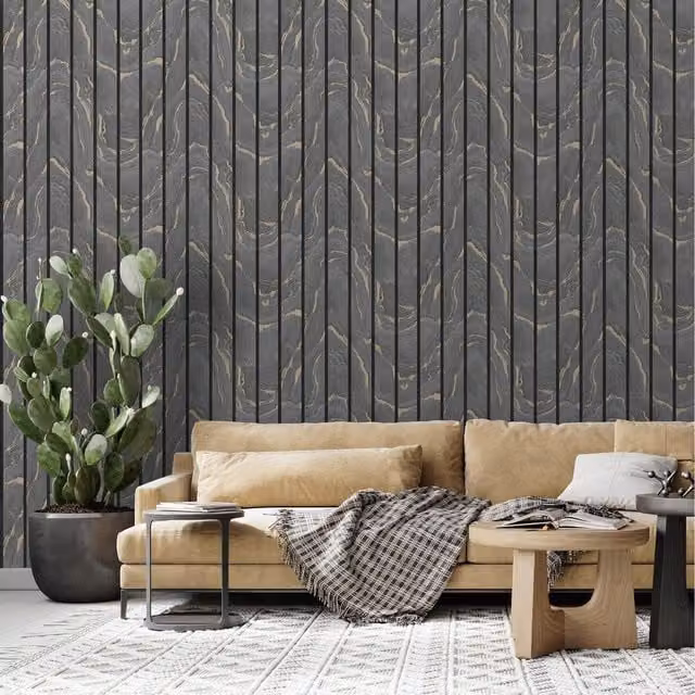 Muriva Modern Geometric Woodgrain Panel Look Wallpaper in Anthracite and Gold