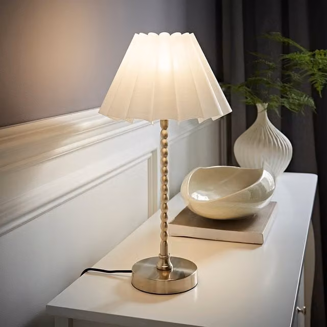 Maeve Brushed Chrome Bobble Table Lamp with White Pleated Tapered Fabric Shade