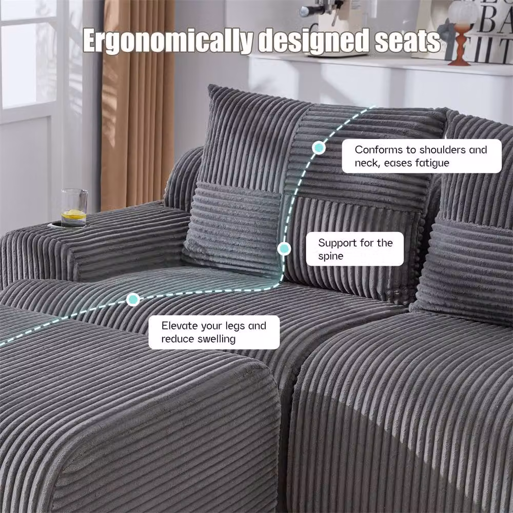 Direct Wicker 4-Seater Modular L-Shape Cord Sofa with 2 Matching Ottomans, Cup Holders and Storage in Dark Grey – 3