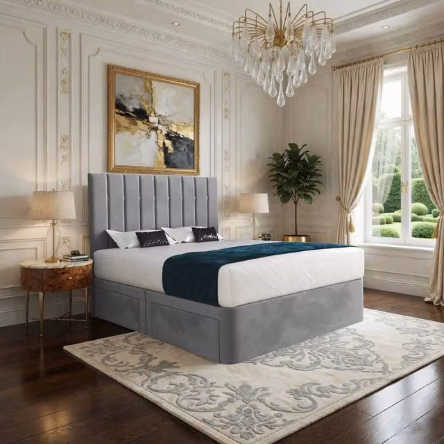 Casani Lichfield Modern Upholstered Velvet Bed Frame with Drawers, Grey, W/D/H: 200 x 183 x 137 cm
