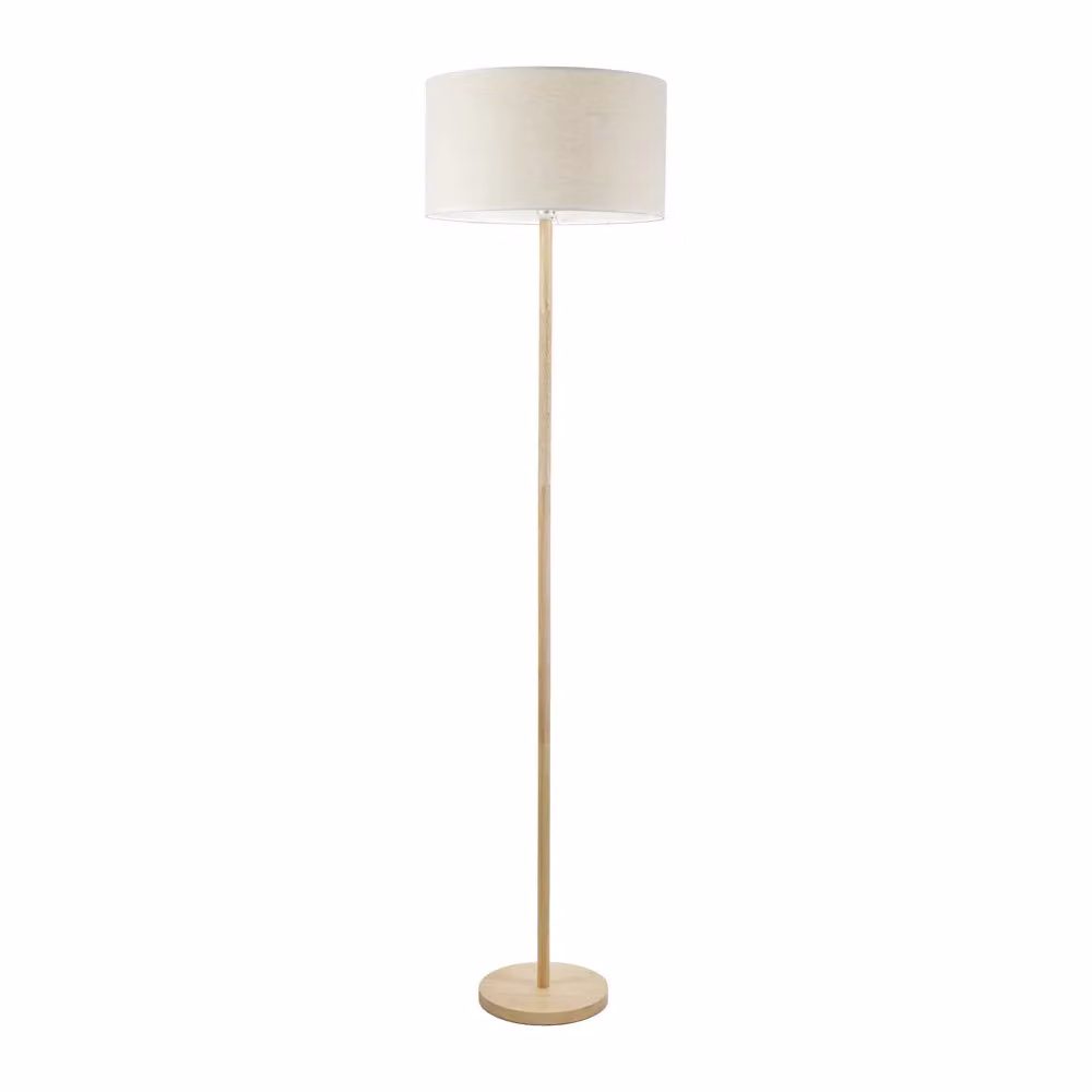 ValueLights Heather Single Stem Floor Lamp in Light Wood with White Fabric Drum Shade, H 180 cm x W 45 cm x D 45 cm – 2