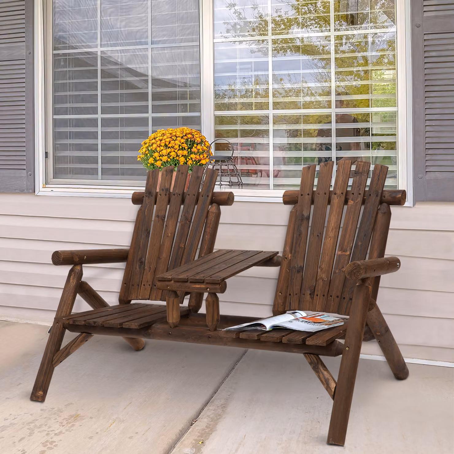 Outsunny Carbonised Wood Patio Bench for 2 People with Central Coffee Table in Brown – 2