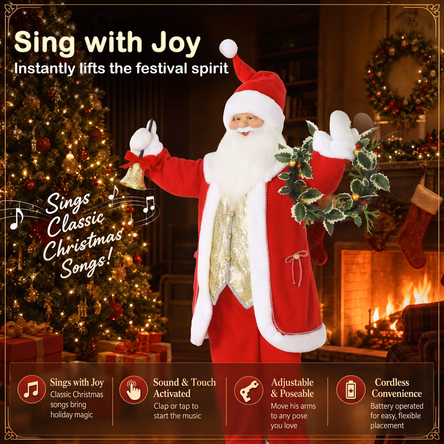 HOMCOM 5ft Life Size Singing Santa Claus Animated Christmas Figure in Red and Gold with Bell and Wreath, Height: 152.4 cm – 4