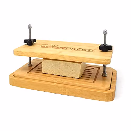 Joeji's Kitchen Bamboo Tofu Press Set with Strainer, Drainer Drip Tray and Ergonomic Grip in Brown – 1